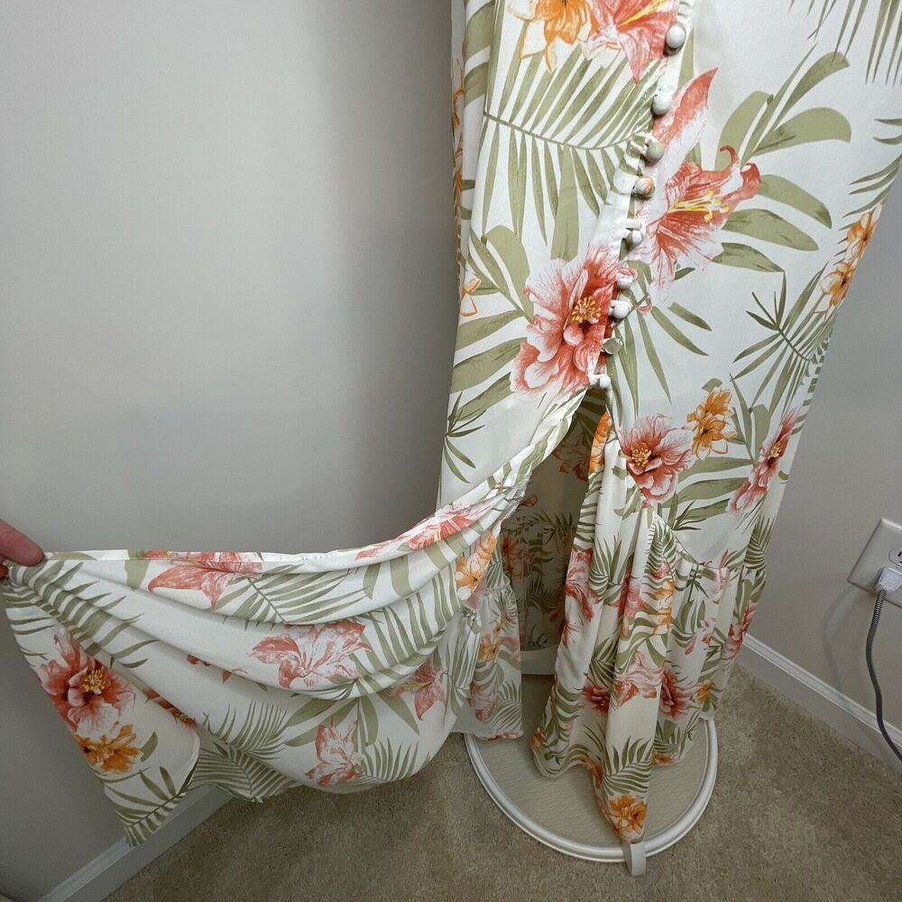 Vestique Floral Full Button Thigh Slit V Neck Maxi Dress Tropical Boho Womens L - Picture 7 of 10